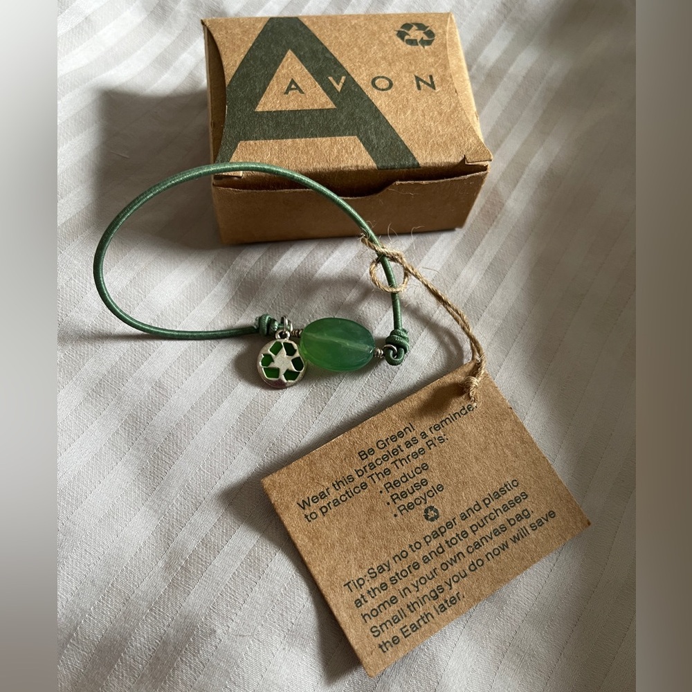 Avon Be Green Recycling Charm Gem Stretch Bracelet Ponytail Hair Holder Tie New